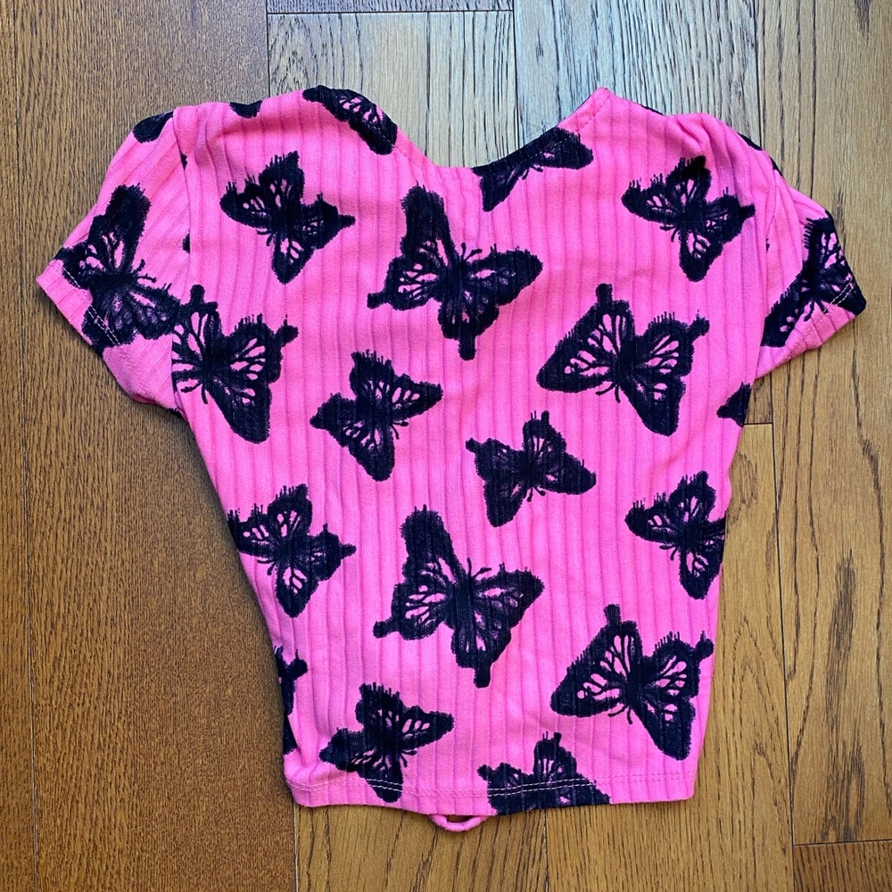 Neon pink butterfly open back crop tee